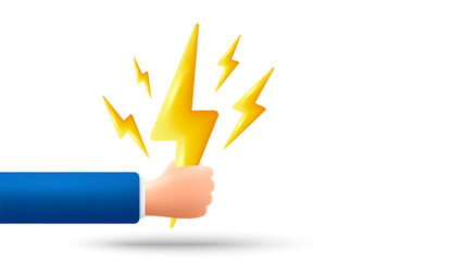 Wall Mural - energy crisis background. realistic 3d hand hold lightning bolt. electric power thunder bolt banner.