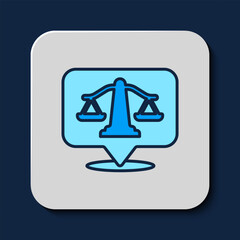 Wall Mural - Filled outline Scales of justice icon isolated on blue background. Court of law symbol. Balance scale sign. Vector