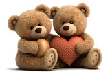 Two teddy bears hugging a heart for Valentine's Day on white background. Ai generative.