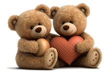 Two Teddy Bears Hugging A Heart For Valentine's Day On White Background. Ai Generative.