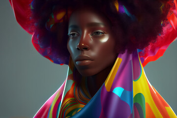 black woman superhero in cape of rainbow pride flag. AI