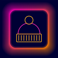 Sticker - Glowing neon line Beanie hat icon isolated on black background. Colorful outline concept. Vector