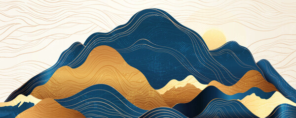 Sunrise in the mountains, abstract horizontal background design. Natural hills of gold and blue, in the collage technique. Prestigious art is suitable for print on the wall, invitation,mural.