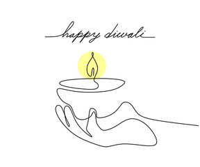 Wall Mural - One line of candle on hand diwali isolated on white background. Hand drawing single continuous line.