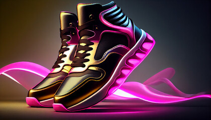 Trendy neon trainers in 80s style, synthwave style. Generative AI