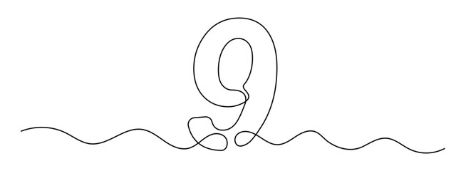 Wall Mural - Number 9 in continuous line drawing style. Line art of number nine. Vector illustration. Abstract drawing number 9