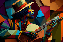 Afro-American Male Musician Guitarist Playing A Guitar In An Abstract Cubist Style Painting For A Poster Or Flyer, Computer Generative AI Stock Illustration