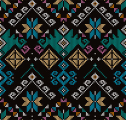 Poster - Yakan weaving inspired vector seamless pattern - Filipino traditonal geometric textile or fabric print design on black background
