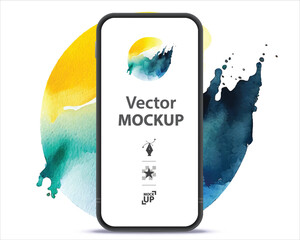 Wall Mural - mobile phone vector mockup illustration. smartphone isolated on colorful watercolor background.