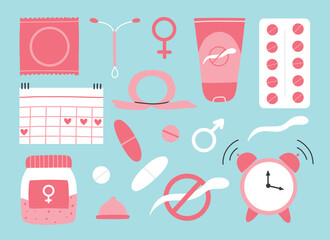 Types of contraception. Pills, calendar, patch, condom and coil. Vector illustration in a flat style. Poster with contraception.World contraception day. Methods of contraception.