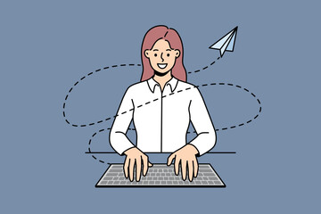 Wall Mural - Smiling businesswoman sit at table typing on keyboard on computer sending message or email. Happy female employee busy working at workplace. Vector illustration. 
