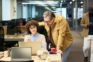 Poster - Young confident businesswoman in casualwear explaining something to mature male colleague while both looking at laptop screen