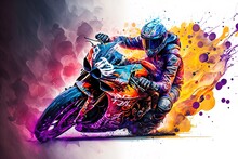 A Moto Rider Riding A Powerful Motorbike Incolorful Flames With Dark Background. Generative Ai	

