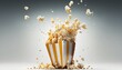  Flying popcorn from paper striped bucket isolated on white background, concept of watching TV or cinema in 3d illustration by ai generative