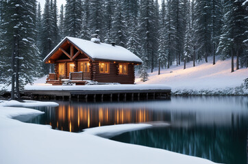 Wall Mural - Cabin in the forest by the lake during winter, Generative AI