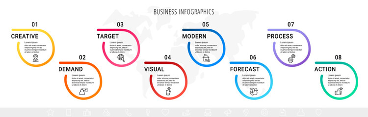 Vector line infographics with 8 circles. Business concept graphic process template with eight steps. Graphic timeline for app, website, interface, chart, levels, web, diagram, banner, presentations