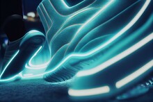 Close-up Of Sneakers With A Blue Neon-lit Sole While Walking Up A Brightly Lit Staircase, Seen From Behind, Generative Ai