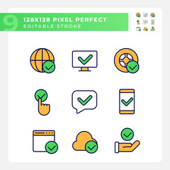 Sticker - Checkmarks in communication pixel perfect RGB color icons set. Approval marks in digital industry. Right data. Isolated vector illustrations. Simple filled line drawings collection. Editable stroke