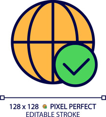 Sticker - Globe with check mark pixel perfect RGB color icon. Safe international communication. Worldwide permissions. Isolated vector illustration. Simple filled line drawing. Editable stroke