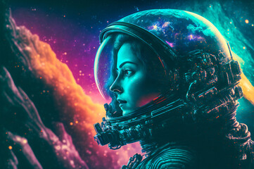 Wall Mural - fantasy vivid colored portrait of an astronaut youg girl with nebula in background. fictional charac