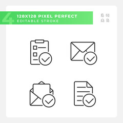 Sticker - Documents with checkmarks pixel perfect linear icons set. Approvement of business papers. Correct information. Customizable thin line symbols. Isolated vector outline illustrations. Editable stroke