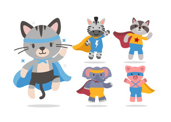 Bundle of isolated cute animal cartoon super hero characters flat