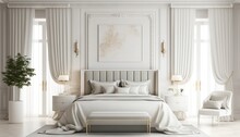 White Luxurious Bedroom Mock-up With Frame For Picture Generative Ai
