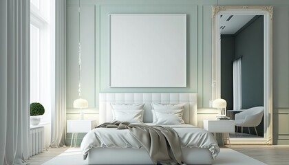 White luxurious bedroom mock-up with frame for picture generative ai