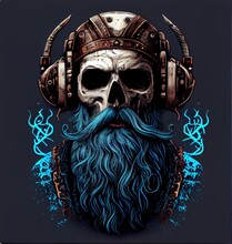 Skull With Beard Wearing Headphones, T-shirt Print Design