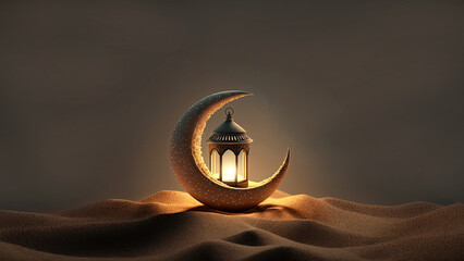 Wall Mural - 3D Render of Golden Crescent Moon With Illuminated Arabic Lantern On Sand Dune. Islamic Religious Concept.