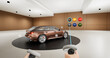 FPV View of person using VR headset to customize a color of a generic fictional car before the purchase, concept of future virtual reality car dealership. Realistic 3d rendering