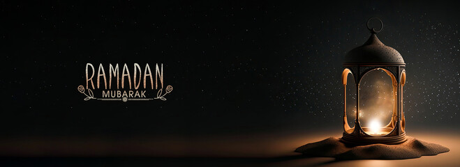 ramadan mubarak banner design with realistic illuminated arabic lamp on sand dune. 3d render.
