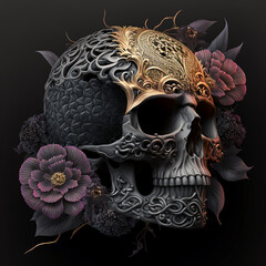 Wall Mural - Ornate Gothic Skull & Flowers - Generative AI