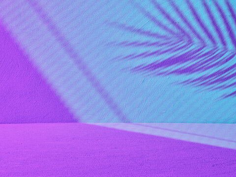Fototapete - Retrowave background for product presentation with light from blinds and shadow from palm branch
