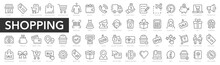Shopping And Retail Line Icons Set. E-Commerce And Retail Outline Icons Collection. Shopping, Gifts, Store, Shop, Delivery, Marketing, Store, Money, Price - Stock Vector.