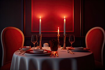 Wall Mural - Valentine's day date, close up of a dinner set for two, lovers day - generative ai