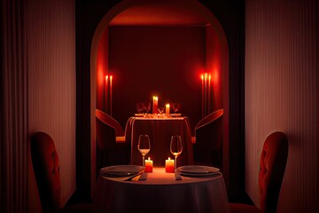 Wall Mural - Valentine's day date, close up of a dinner set for two, lovers day - generative ai