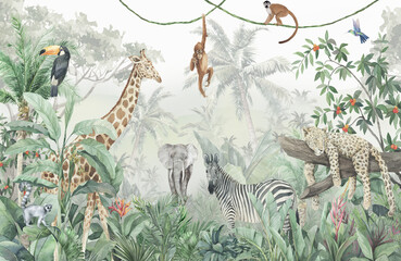 jungle, tropical plants and animals, giraffe, zebra, elephant, birds, monkey. children's wallpaper.