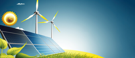 Wall Mural - renewable energy banner background with green energy as wind turbines and solar panels