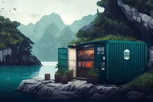 Illustration Concept Of Sustainability And Recycle , Container Box Remake As Restaurant, Office Or House Or Hotel, Landscape Of Lan Ha Bay, Quang Ninh, Vietnam As Background. Generative AI