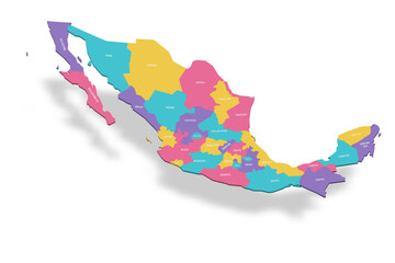  Mexico political map of administrative divisions - states and Mexico City. 3D colorful vector map with name labels.