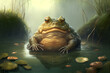 A toad with a swollen belly sits in a swamp. AI generated.