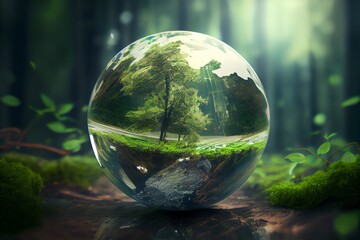 Sticker - World environment and earth day concept with glass globe and eco friendly enviroment. Generative AI