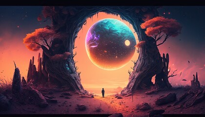 Wall Mural - A fantasy world in alien landscape, surreal, ultra detailed, stunning, colorful, digital art, creative, unique planet, Generative ai