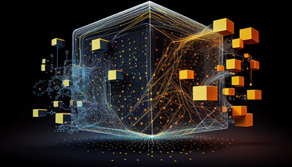 Big data machine learning and data analysis digital background with particle cube and dot network. Generative AI.