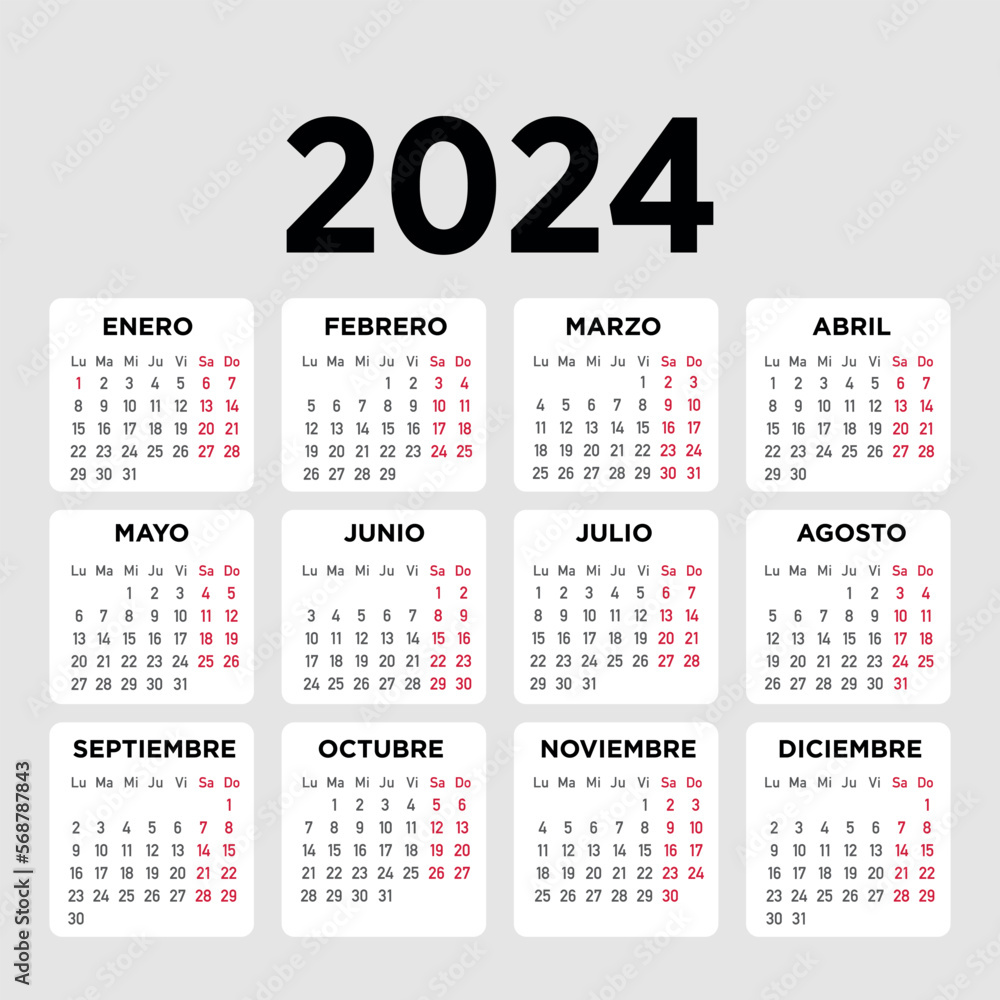 Calendar 2024, week starts on Monday. Spanish Stock Vector | Adobe Stock