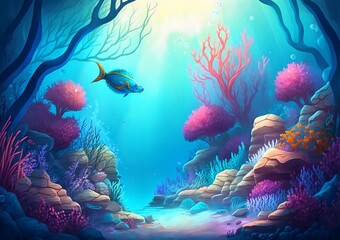 Fototapete - Colorful cartoon ocean floor with algae corals and rocks in a watercolor style.AI generated.