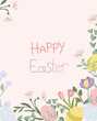 Happy Easter greeting card. Bright compositions with spring flowers, Easter eggs, leaves. Spring flowering. Vector graphics.