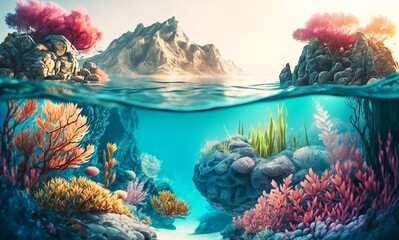 Fototapete - Colorful bright cartoon seascape with algae corals and rocks with azure water in watercolor style.AI generated.