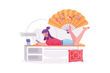 Young Girl Surfing Internet Concept With People Scene. Woman Scrolls News Feed, Views Profiles In Social Networks Using Mobile Phone. Vector Illustration With Character In Modern Flat Design For Web